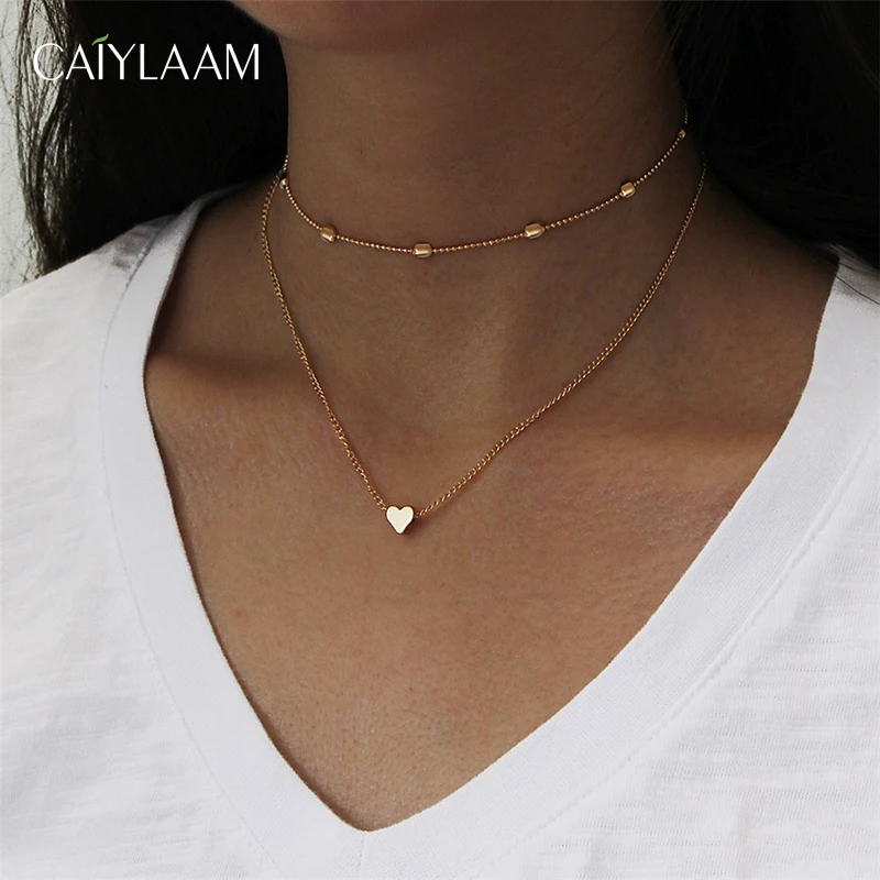 CAIYLAAM Simple Style Heart Layered Necklace Women Fashion Jewelry Gold Color Beads Chain for Ladies Gift | Украшения и