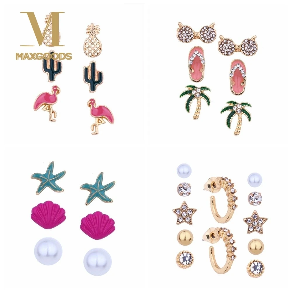 Набор женских сережек, жемчужный хрустальный шар, звезда, луна, лист, ананас, кактус, очки фламинго, тапочки, морская звезда, раковины, серьги-гвоздики