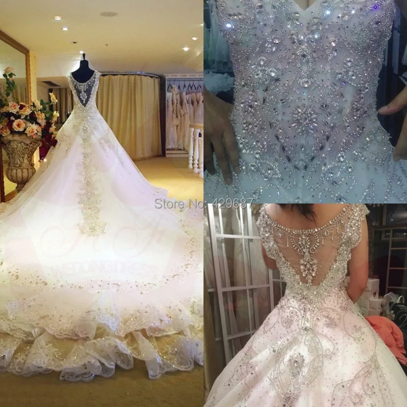 Luxury 2017 Wedding Dresses V Tulle Beaded Crystal Bridal Gowns Luxury 2017 Wedding Dresses V Tulle Beaded Crystal Bridal Gowns Short Sleeves Cathedral Train Ball Gown Um1954 In From