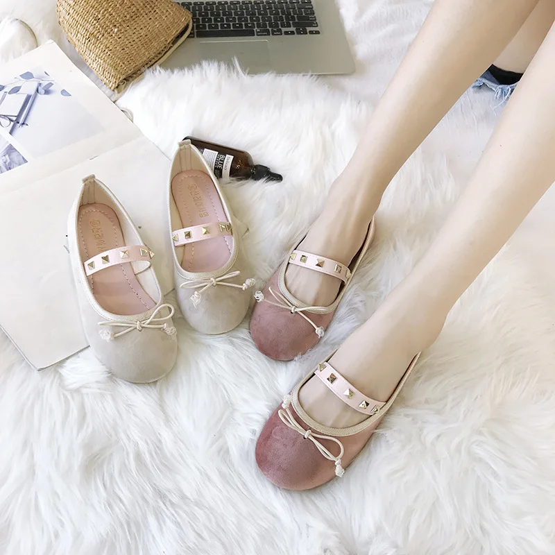 Unie 2018 Mode Confortable Tête Et Douce Arc Couleur Doux Plat Casual Automne Nouvelle Simple Chaussures Beige Ronde Femmes Chaussures rose Rivet ESqr4XwSOW