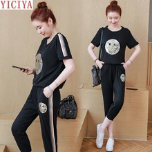 Black Plus Size Large 3xl 4xl 5xl 2 Piece Set Outfit Tracksuits for Women Co-ord Set 2019 Summer Striped Co-ord Smiley Clothing black spaghetti sequins design co ord with choker