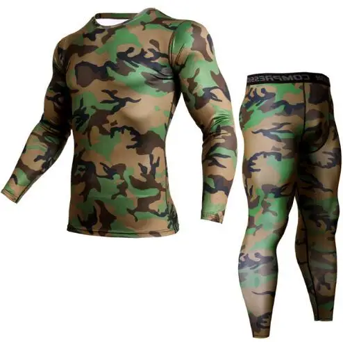 Günstig Männer Marke Kleidung Armee camouflage Thermische Unterwäsche Trainingsanzug set Crossfit Fitness Shirt Männer Leggings 2 stück Rashgarda MMA