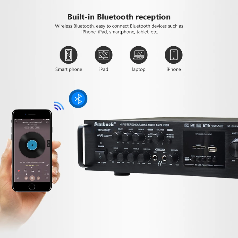 SUNBUCK автомобильный усилитель встроенный Bluetooth AV Разъем для усилителя-в карты USB 12 В 220 В домашняя Высокая мощность бас профессиональный аудио усилитель