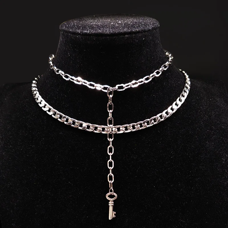 2018 Key Stainless Steel Choker Neckless for Women Double Silver Color