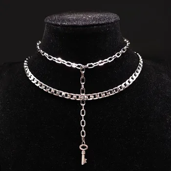 

2020 Key Stainless Steel Choker Neckless for Women Double Silver Color Steampunk Necklace Jewelry colgantes mujer moda N17972