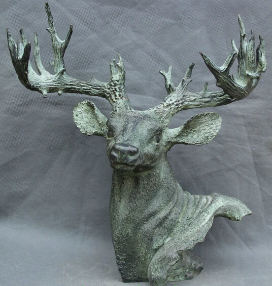 

shitou 002446 15" Chinese FengShui Bronze Sika Deer Sambar Head Bust Animal Statue Sculpture