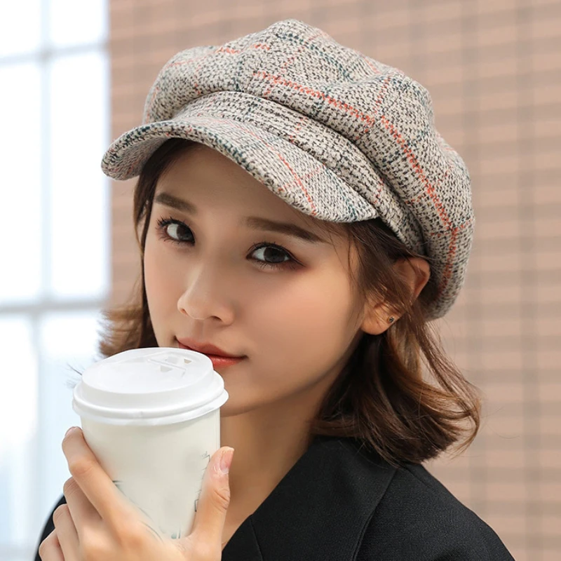 HT1991 Women Men Wool Felt Berets High Quality Autumn Winter Hat Thick Warm Unisex Octagonal Newsboy Cap Retro Plaid Beret Cap