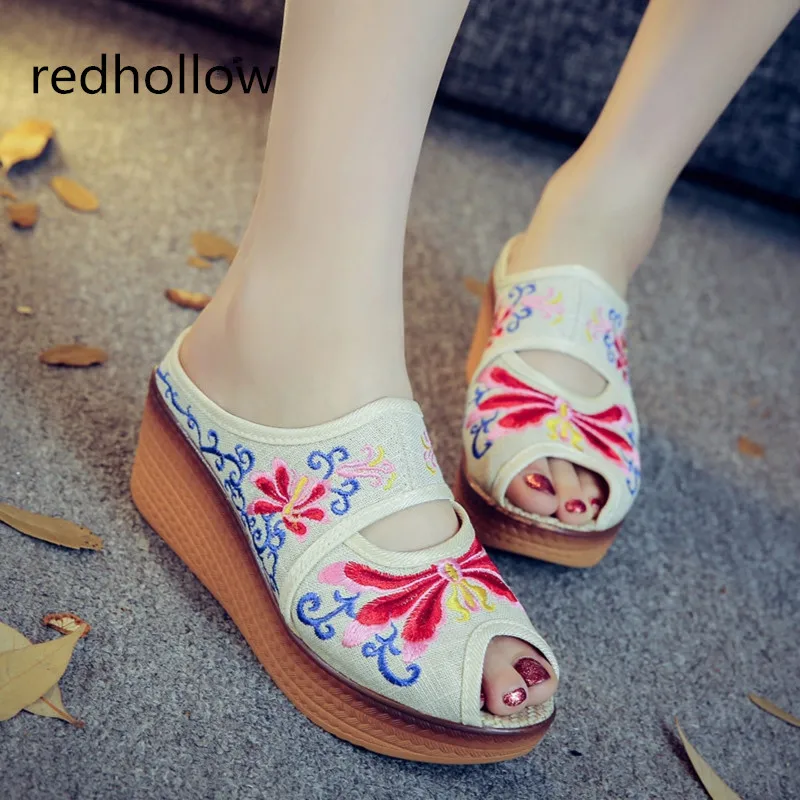 

Summer Women Shoes Platform Sandals Woman Mujer Retro Ethnic Embroidered Shoes Slip On Slides Sandals Female High Heels Shoes
