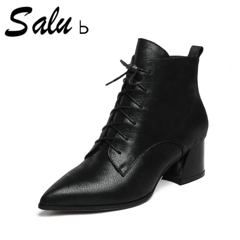 

Salu Brand 2019 Spring Autumn Black Boots Women Zipper Lace-up High Heels Genuine leather Booties Square Shoes