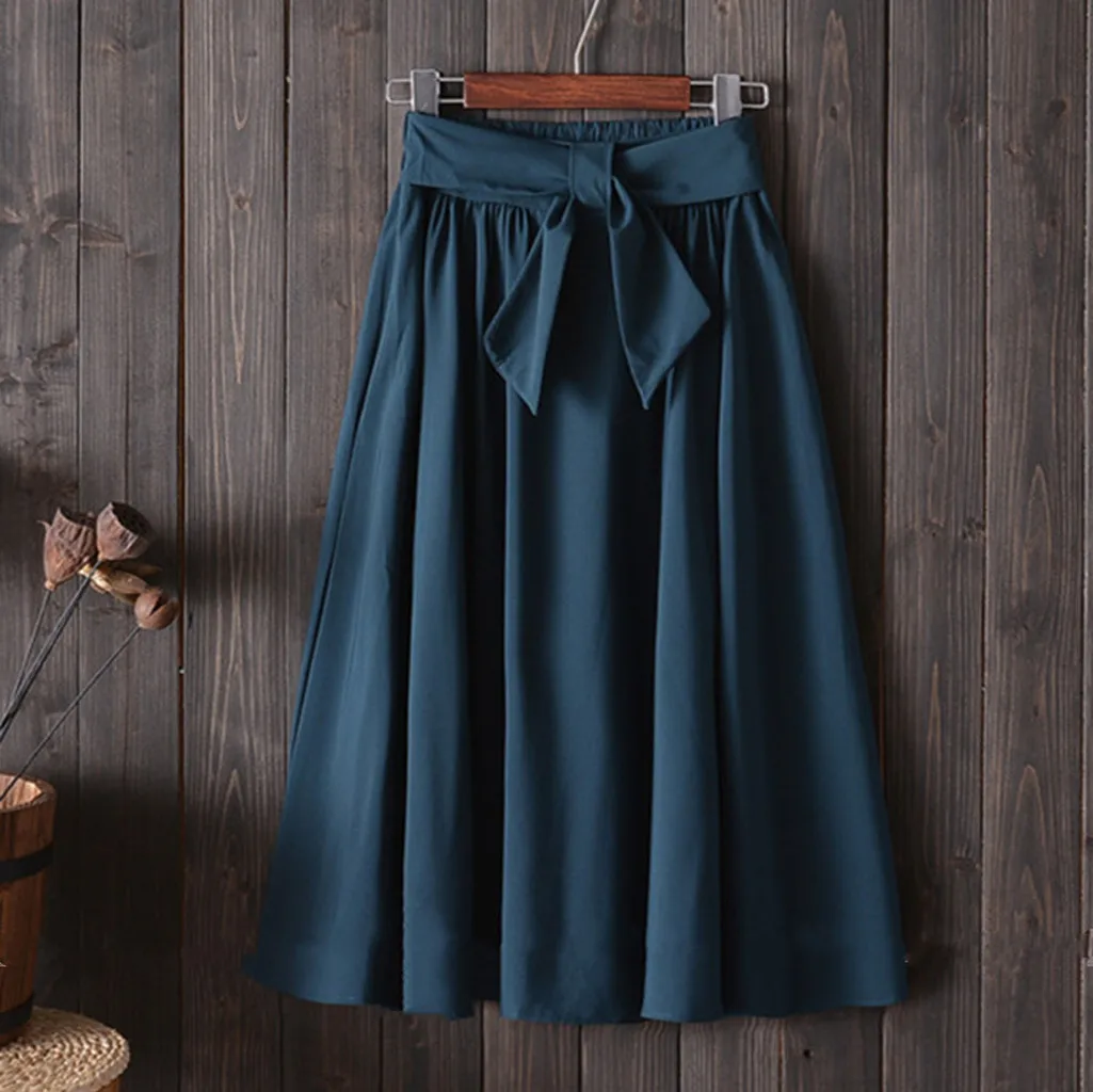 

Solid A-Line Summer Midi Skirt Elastic Waist With Belt Knee-Length Women Skirts Fashion Loose Daily Casual Skirt Jupe Femme