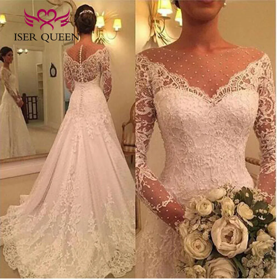 

Appliques Vintage Lace Wedding Dress 2019 Illusion A line Wedding Dresses Long Sleeve Embroidery Wedding Gowns Gelinlik W0481
