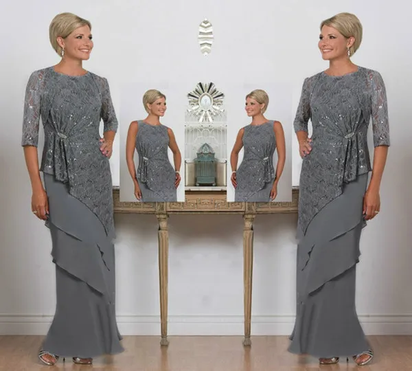 

Mother of the Bride Groom Dresses for Weddings 2019 Sequined Gray Lace Jacket Tiered Chiffon Wedding Party vestido de madrinha