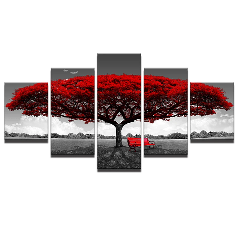 Art mural de peinture d'arbre rouge en 5 pièces