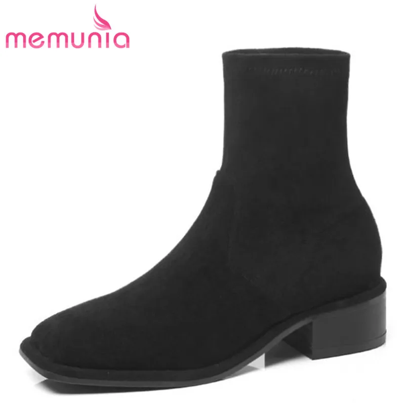 

MEMUNIA 2020 new arrive flock ankle boots for women square toe thick low heels boots elegant autumn winter ladies shoes