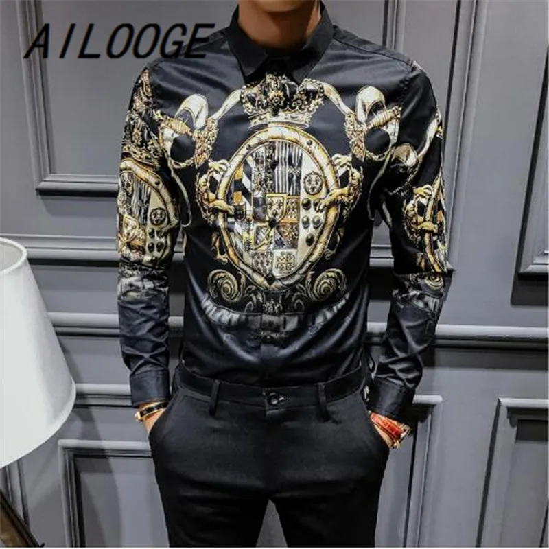 AILOOGE черного и золотого цвета с принтом рубашка 2021 Новый барокко Slim Fit вечерние