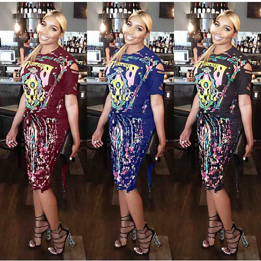 

Hot Design Sexy Women Set Novelty Print O Neck 2 Pieces Women Suit Tops And Skirt Femme Vestidos MS684