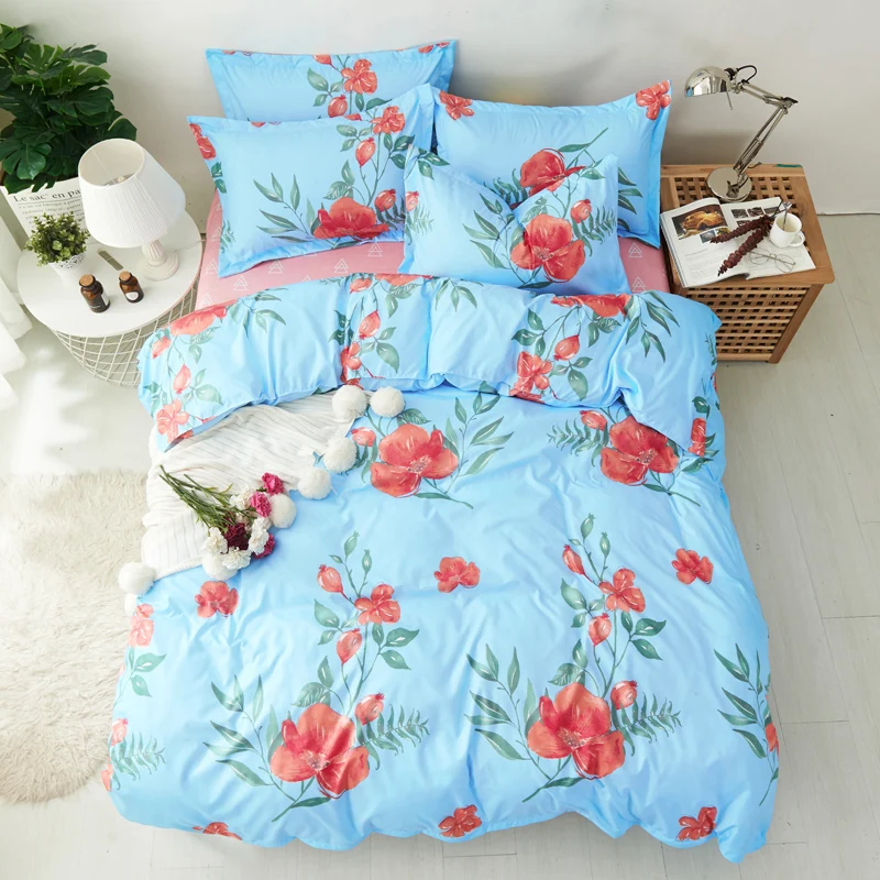Blue Color Withe Red Floral Duvet Cover Sheet Twin Size Red Color