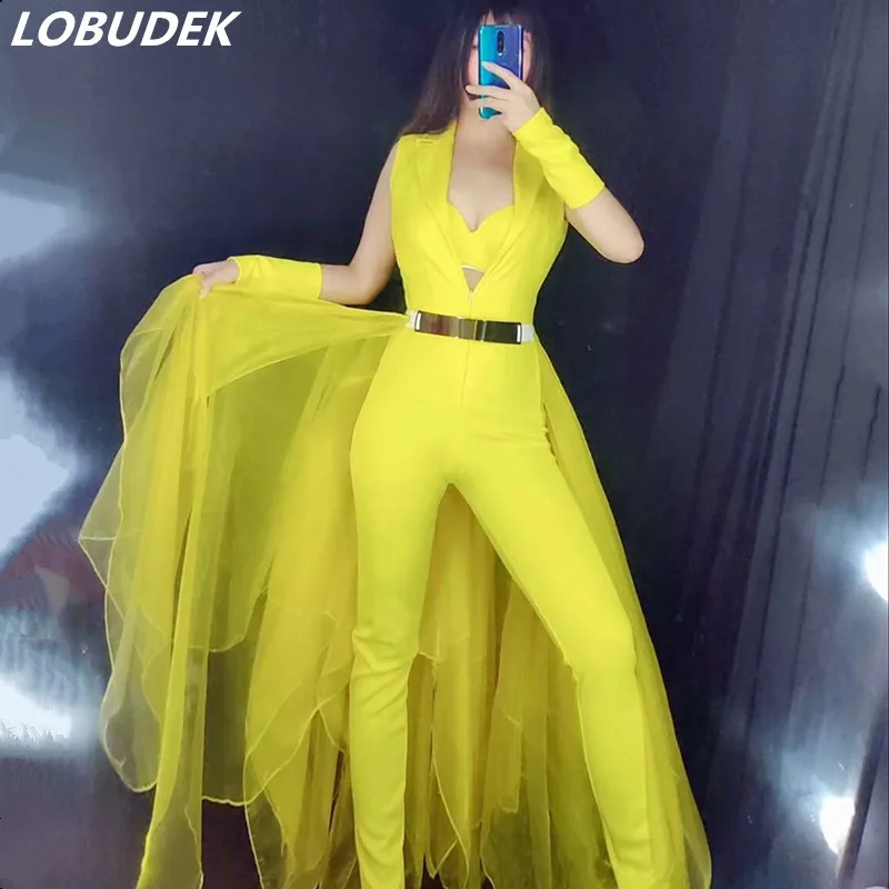 

Nightclub Lady Singer Leotard Star Wear Sexy Deep V-neck Sleeveless Jumpsuit Purple Yellow Mesh Trailing Bar Party Host Costume