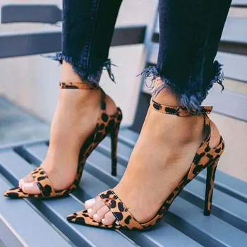 

Women Sandals Shoes High Heels Fashion Leopard Pointed Toe Pumps Shoes Woman Buckle Strap Ladies Sandals Plus Size 35-40
