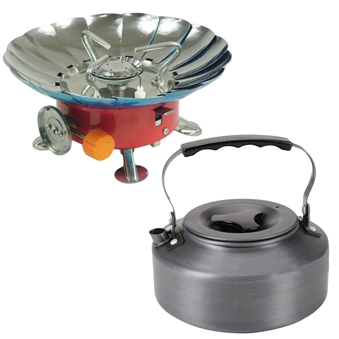

Aotu Portable Folding Lotus Style Windproof Outdoor Butane Gas Stove Head & 1.1L Aluminum Water Kettle Teapot Set
