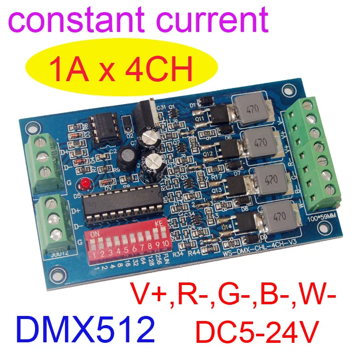 

constant current 4 CH DMX512 RGBW controller Common anode 4CH DMX512 decoder DC5-24V input Can choose 1000MA,1100MA,1300M,1500MA