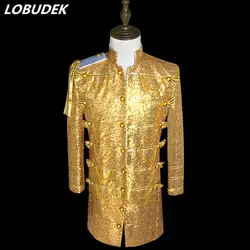 Блестящие золотые блестки длинное пальто пиджаки для женщин модные тонкие цепи верхняя одежда ночной клуб певица концерт костюм вечерние