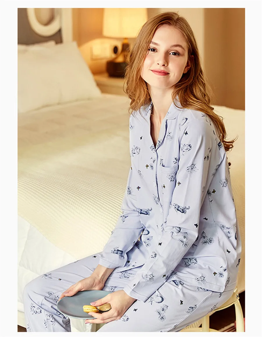 Осенняя женская пижама с принтом, пижама с длинным рукавом, Хлопковая пижама с цветочным принтом, женские пижамы, штаны, удобная ночная