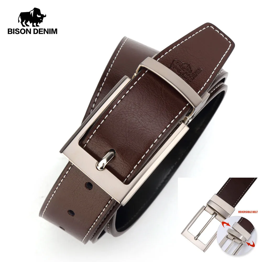 

BISON DENIM Mens Genuine Leather Belt Reversible Belt Pin Buckle Casual Brown Black Men's Belt W71301