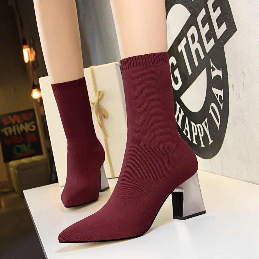 

Fashion simple women's boots thick with high-heeled pointed slimming sexy nightclub stretch wool booties.