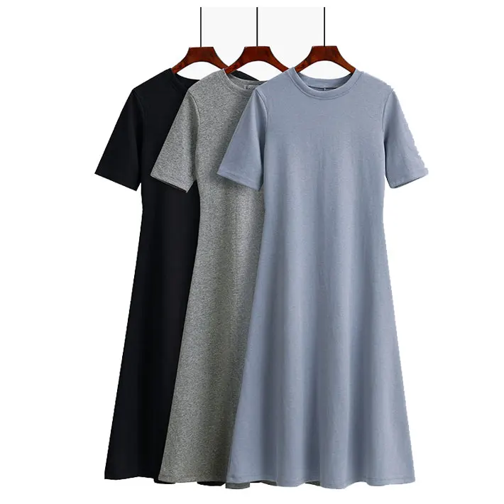 

New Summer dress 2019 simple Solid color Short sleeve O-Neck long dress women elegant robe femme cotton t shirt dress