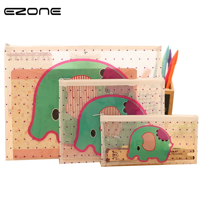 

EZONE 1PC Lovely Elephant Cartoon Transparent PVC Pencil File Holder Mesh File Packet Document Bag School Supplies Stationery