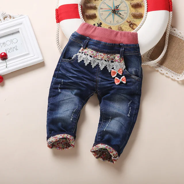 2017 Spring Autumn Jeans for Girls Lace Cartoon Denim Trousers Mid Elastic Waist Cowboy Pants children’s jeans Children Clothing