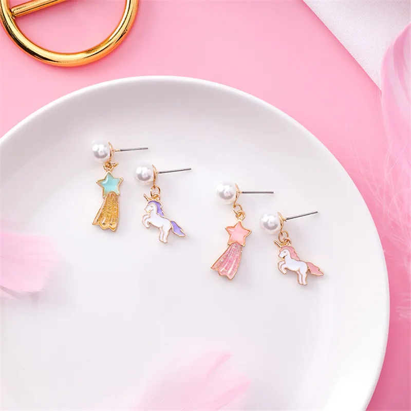 

High Grade Cartoon Unicorn Star tassel asymmetrical Pendant Stud Earring For Women Girls Cute Ear Jewelry Gift