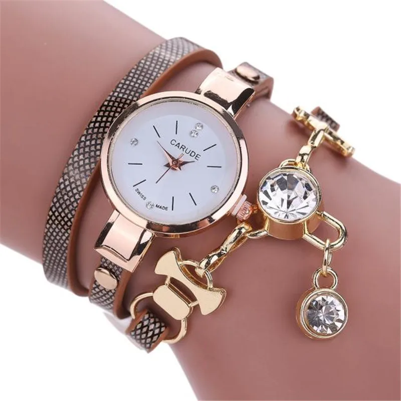 Женские часы от известного бренда, модные женские кожаные Стразы, аналоговые кварцевые наручные часы для платья, браслет для женщин - Цвет: Серый