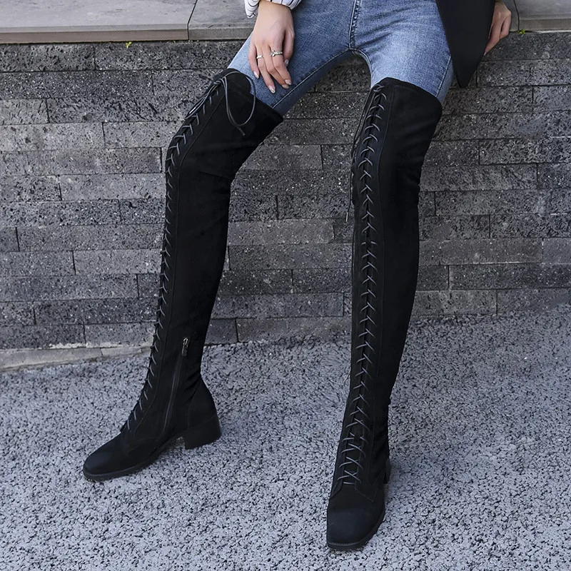 ASUMER new over the knee boots women square toe zip lladies boots cross tied mesh heels Motorcycle boots women big size