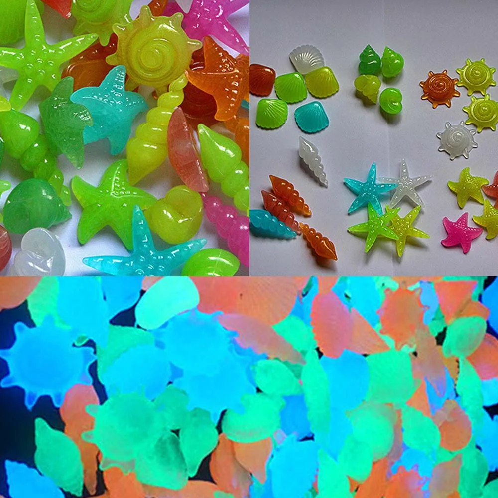 

Glow in the Dark Pebbles Stones Conch Shell Starfish Luminous Gravels 100Pcs for Aquarium Fish Tank Outdoor Garden Yard Decor