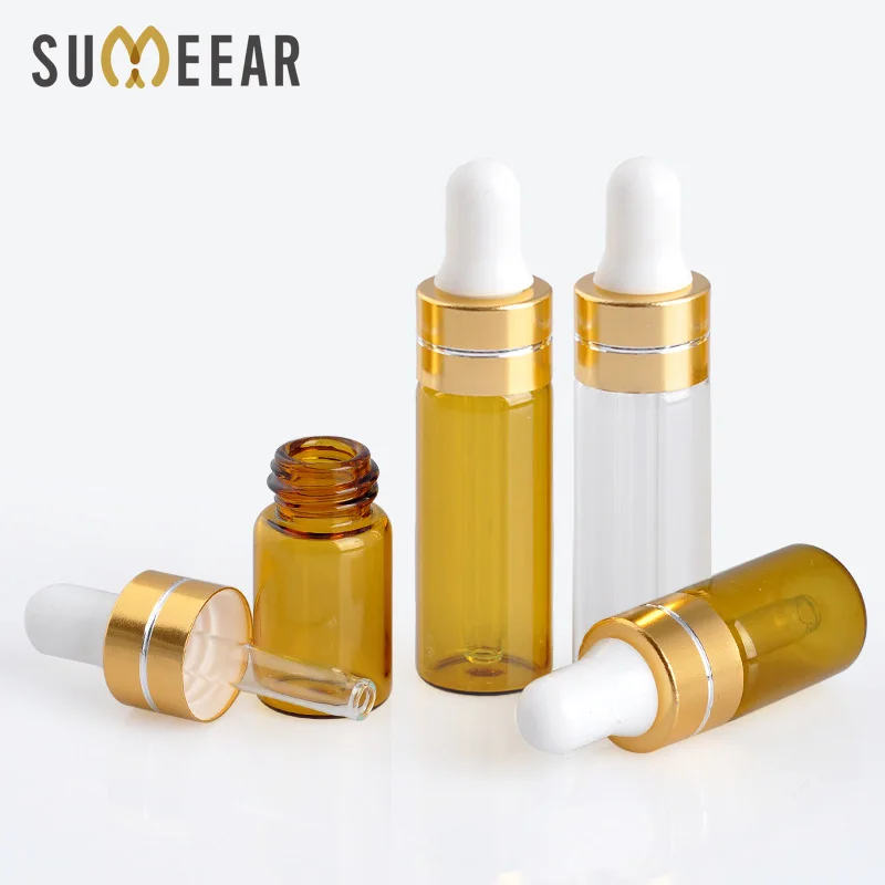 

100Piece/Lot 3ml 5ml Transparent Brown Color Essential Oil Bottles Portable Amber Glass Dropper Bottle Empty Cosmetic Containers