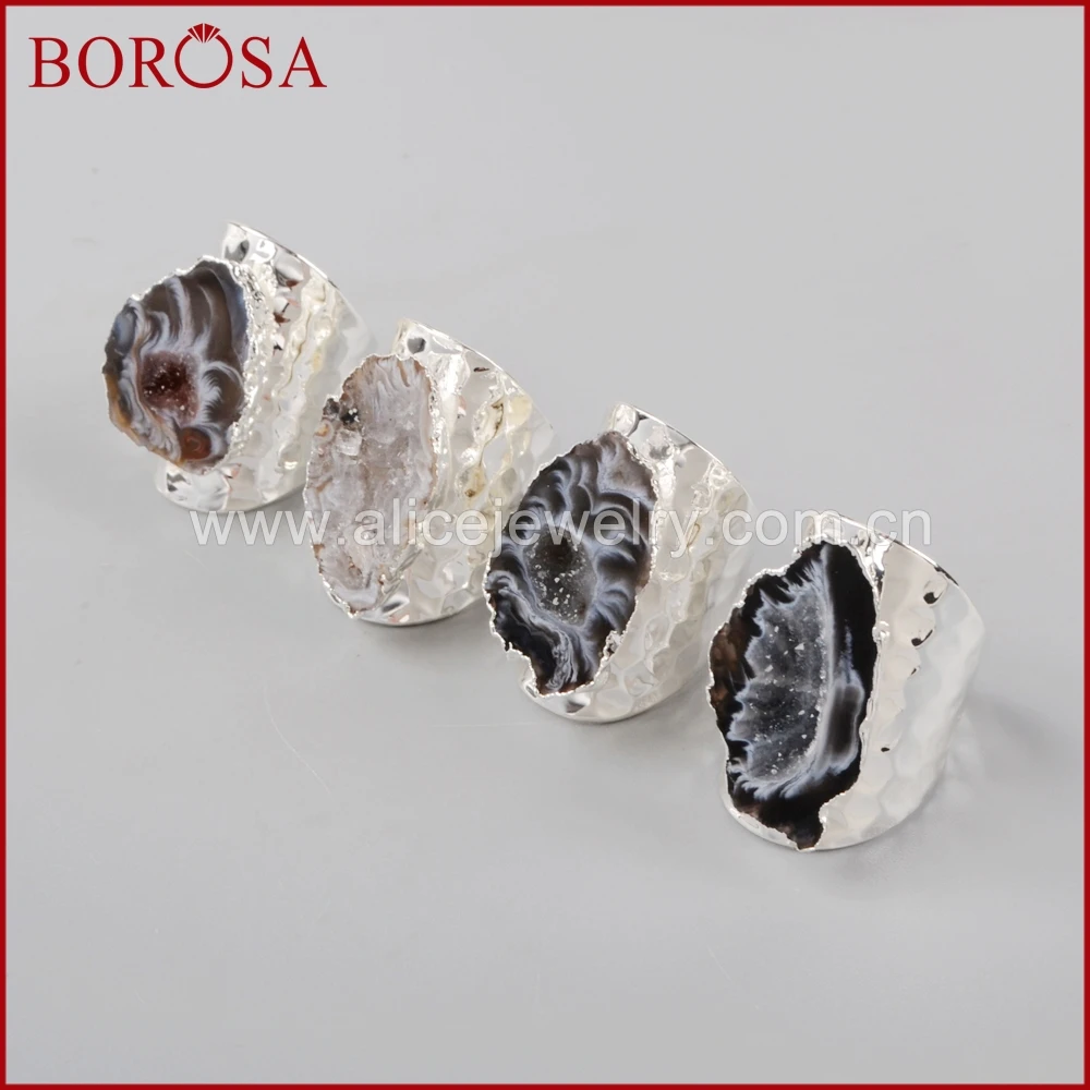 

BOROSA New Elegant Druzy Silver Color Freeform Natural Crystal Druzy Open Band Rings, Fashion Natural Gems Party Rings S1388