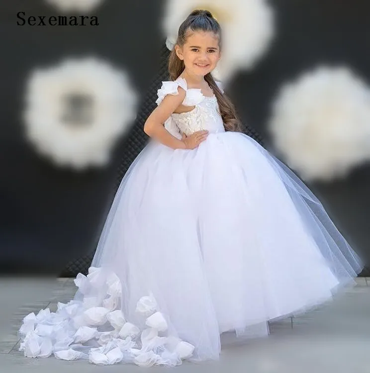 White Lace Top Bloem Meisjes Jurken voor Bruiloften met Trein Puffy Tulle Lange Kinderen Verjaardag Jurk Formele Kleding voor Bruiloft party White Lace Top Bloem Meisjes Jurken voor Bruiloften met Trein Puffy Tulle Lange Kinderen Verjaardag Jurk Formele Kleding voor Bruiloft party