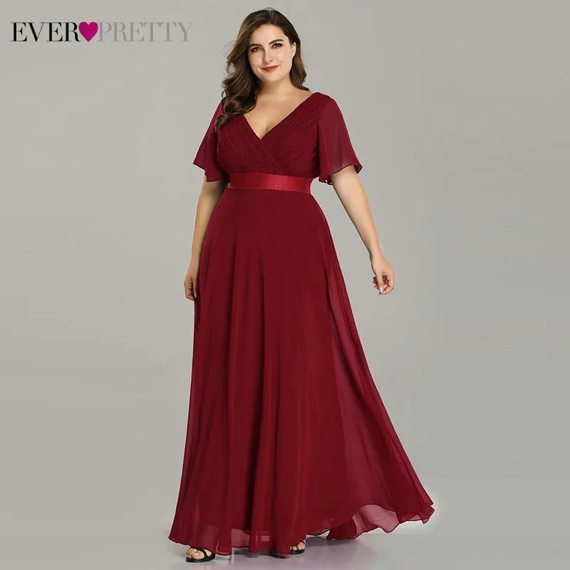 Вечерние платья размера плюс Ever Pretty EP09890, элегантное шифоновое вечернее платье с v-образным вырезом и оборками, вечернее платье, платье для вечеринки, Robe De Soiree - Цвет: Burgundy