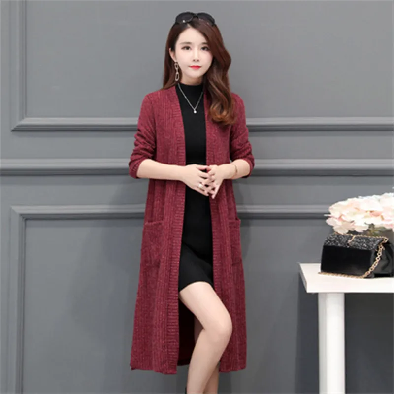 Бургундия Новинка, корейский стиль, весна-осень, Женский вязаный свитер с длинным рукавом, теплый свитер, кардиганы, одноцветная трикотажная верхняя одежда с карманами, PZ1571 - Цвет: Бургундия