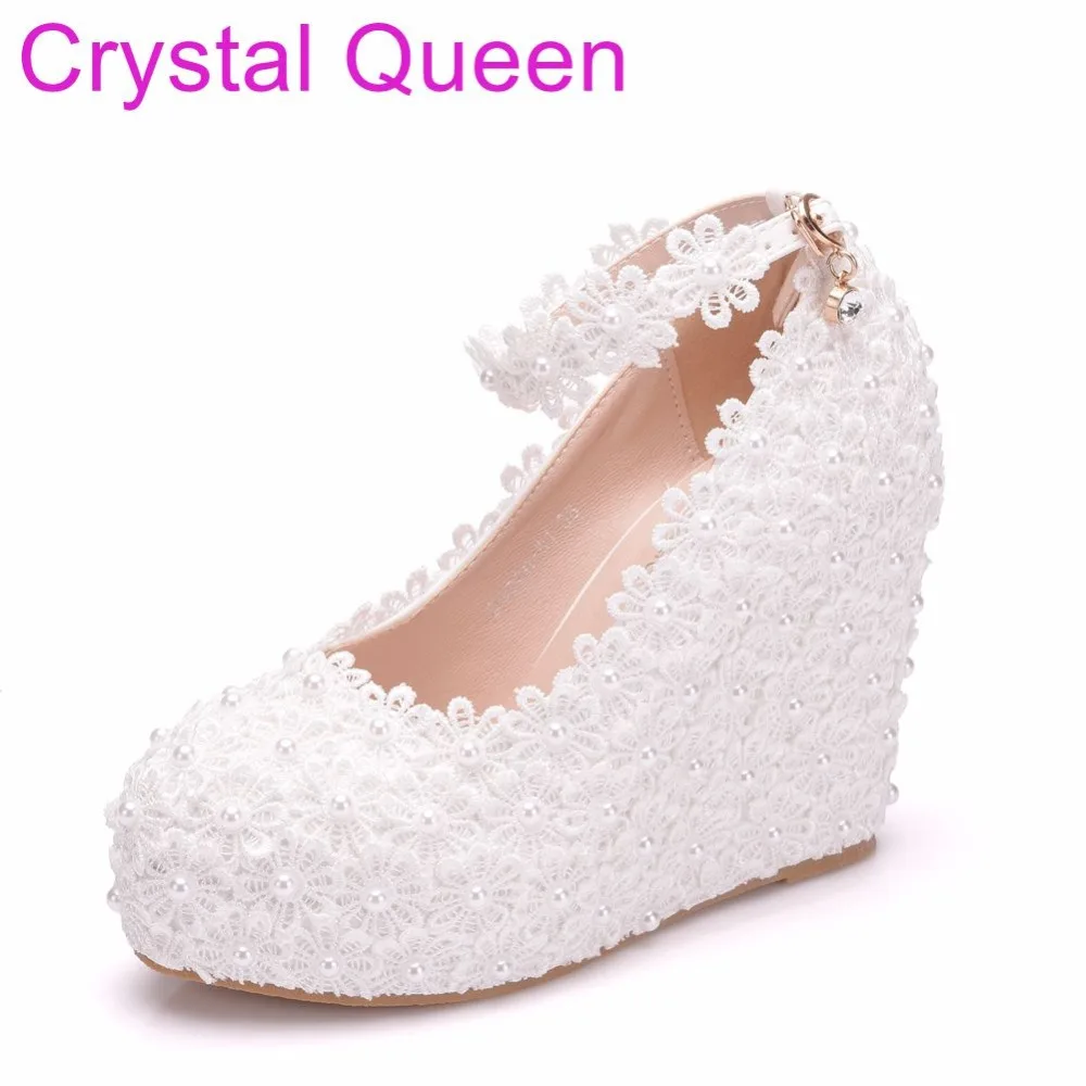 

Crystal Queen Women White Lace Wedding Shoes Round Toe High Heel Wedges Platform Shoes Pumps Bridal Wedding Shoes Plus Size 42