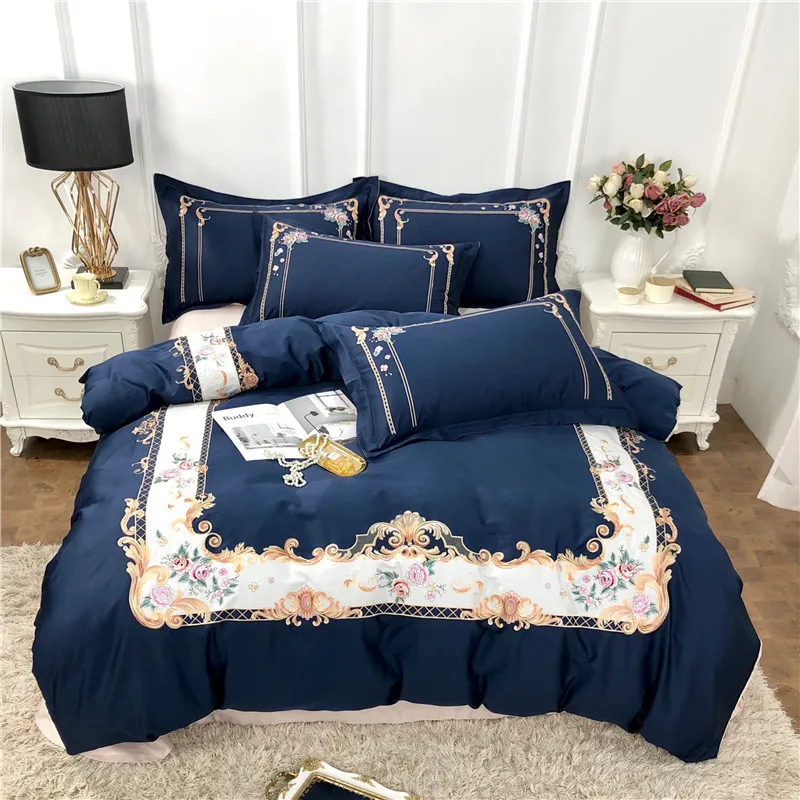 

Blue Pink Luxury 60S Egyptian cotton Royal Embroidery Bedding Set Duvet Cover Bed Sheet/Linen Pillowcases Queen King Size 4pcs