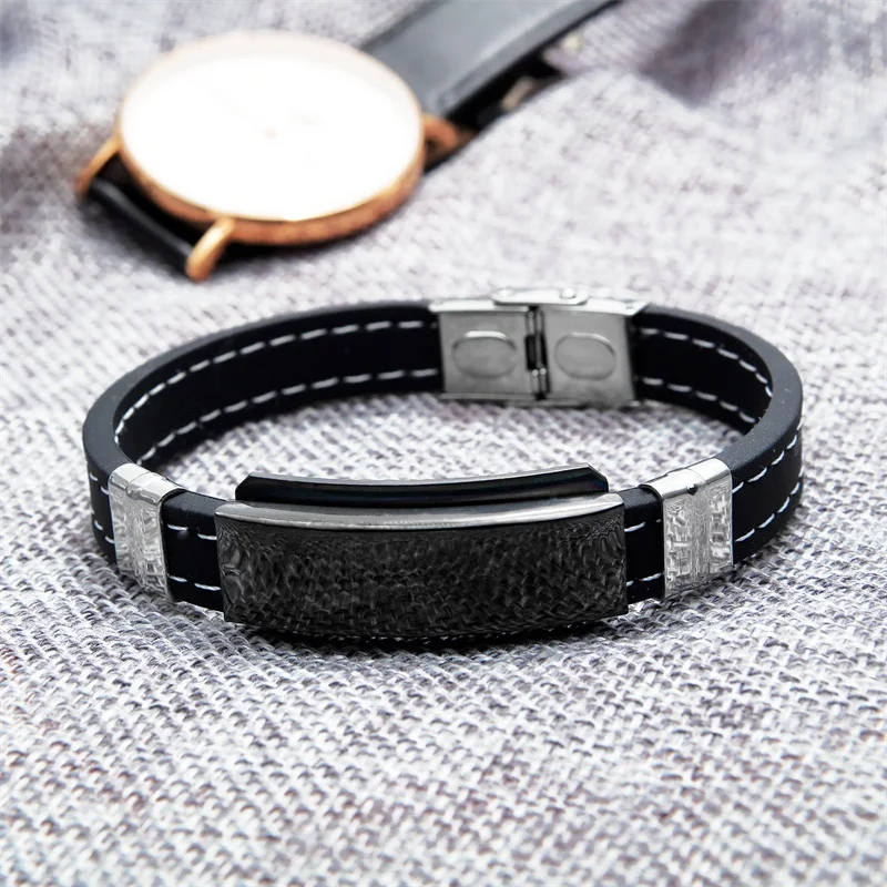 AZIZ BEKKAOUI гравировка имя черный силиконовый кожаный браслет магнитные браслеты из нержавеющей стали для мужчин винтажные мужские ювелирные изделия подарок