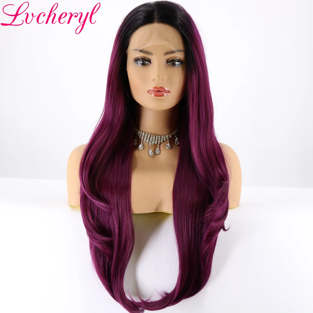 Lvcheryl Natural Long Ombre Black To Mixed Purple Hair High Density Heat Resistant Glueless Synthetic Lace Front Wigs