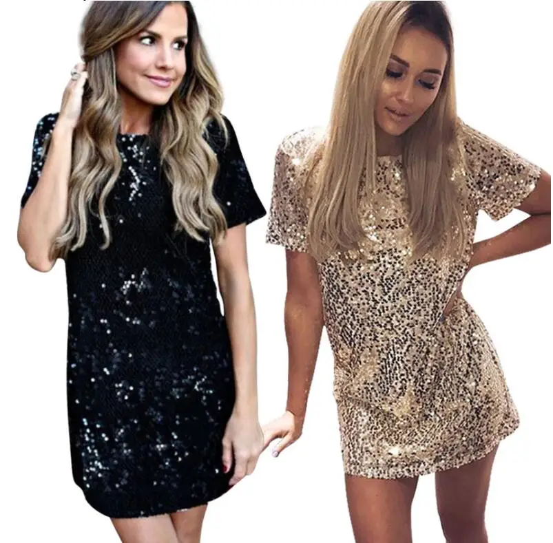 

New Hot Sequins Gold Dress Summer Women Sexy Short T Shirt Dress Evening Party Elegant Club Dresses 2019