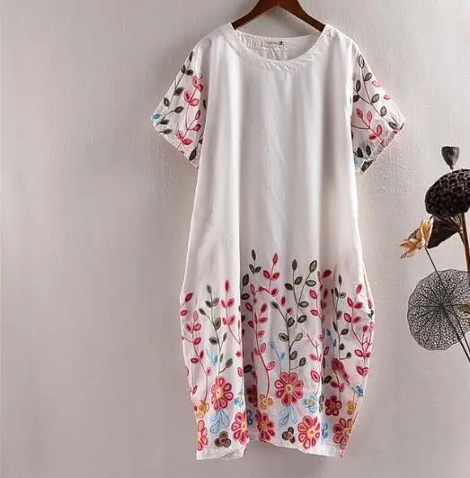 

Heavy-dimensional flowers embroidery short sleeve National wind dress mori girl