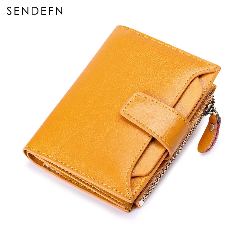 Sendefn RFID женский кошелек, двойной, масло, воск, качественный, брендовый, женский, на молнии и кнопках, короткий, стильный, женский кошелек, 4 цвета, 5191-68