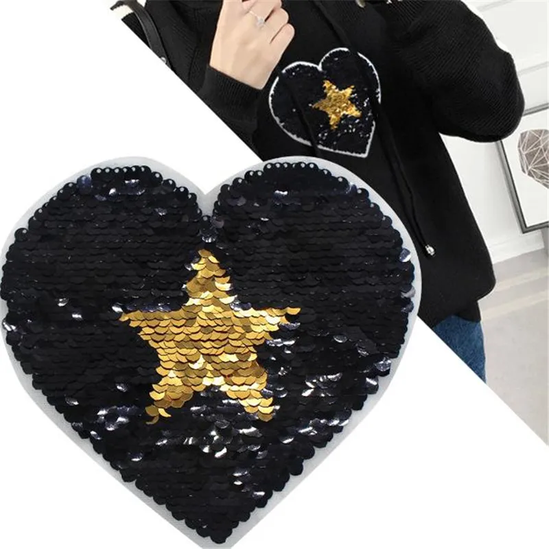 

Patch deal with it clothes t shirt women stickers Reversible change color sequins black heart 16cm star patches for clothing