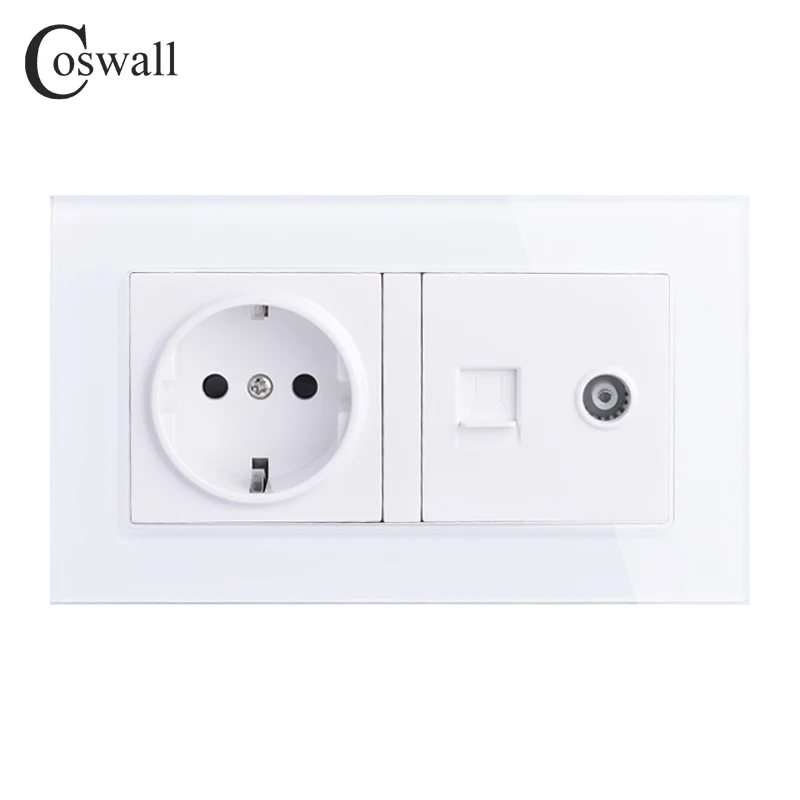 

COSWALL EU Standard Wall Socket + Female TV Jack With Internet Computer Data RJ45 CAT5E Connector Tempered Crystal Glass Panel